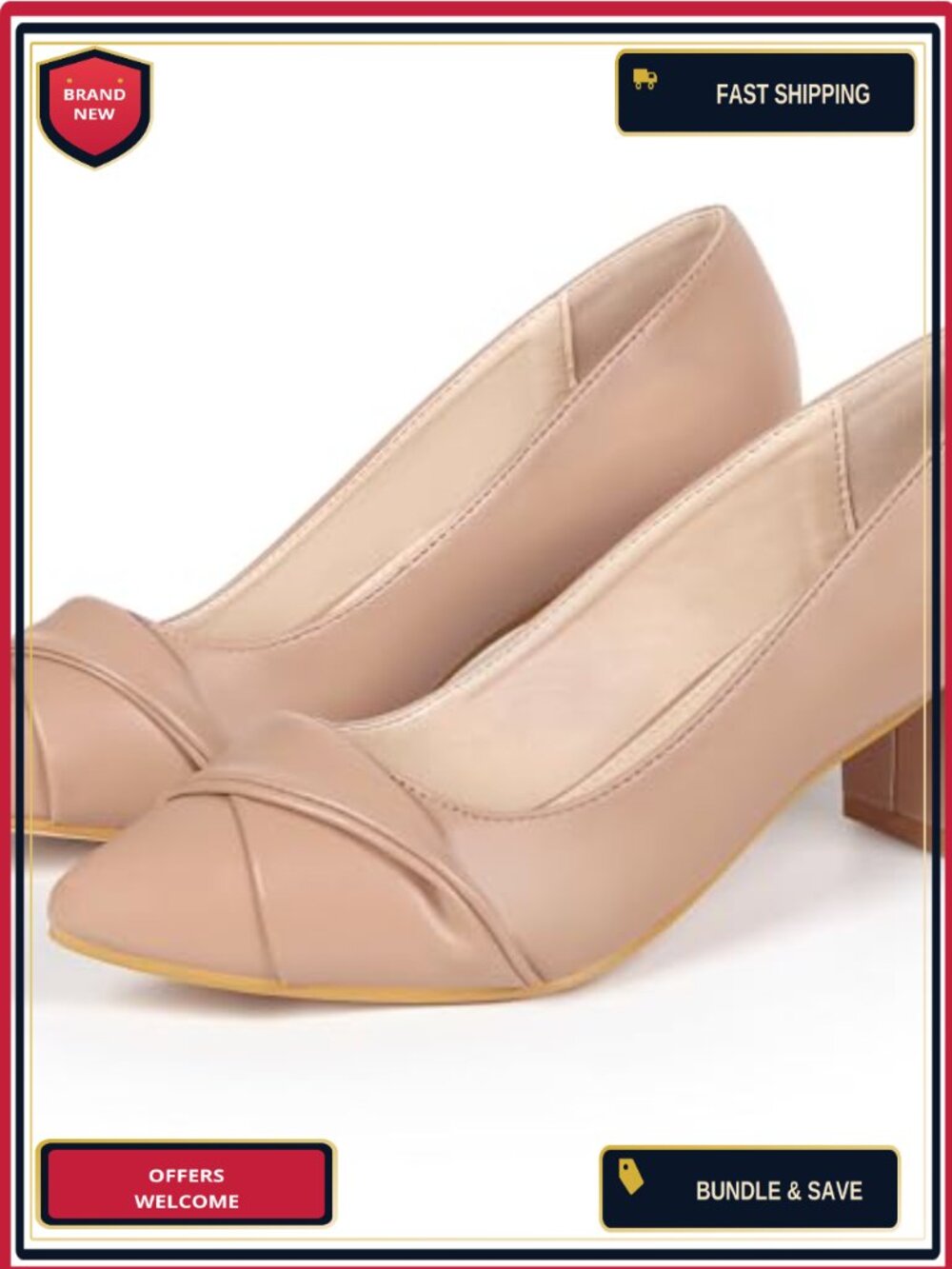 Chunky Heel Pointed Toe Slip On Pumps Faux Leather Work Shoes